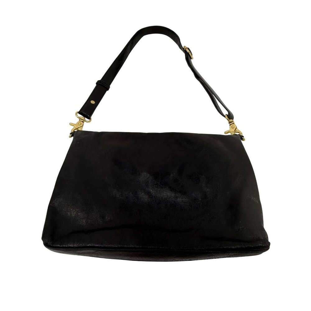 Tory Burch Black Leather Fold-Over Adjustable Strap Gold Tone Logo Crossbody Bag - Picture 8 of 16